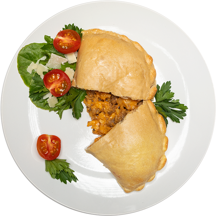 Image of the Cheeseburger Pocket product on a plate, with other assorted foods